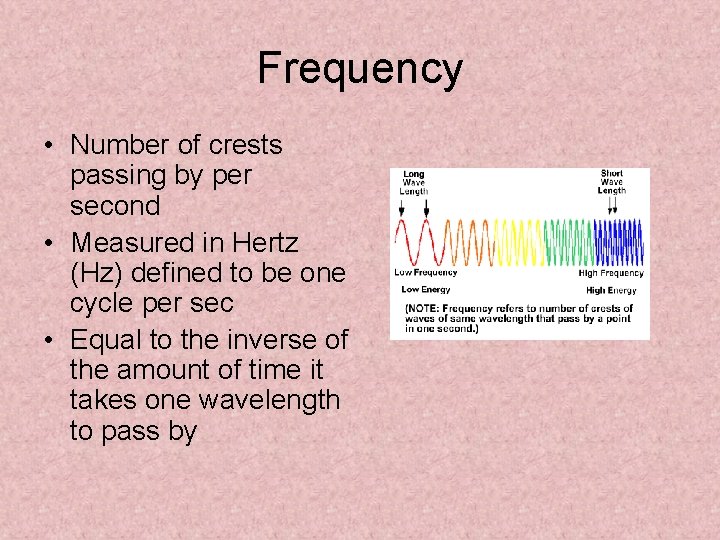Frequency • Number of crests passing by per second • Measured in Hertz (Hz)