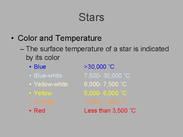 Stars • Color and Temperature – The surface temperature of a star is indicated