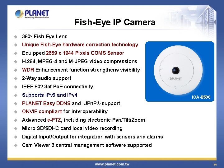 Fish-Eye IP Camera u 360 o Fish-Eye Lens u Unique Fish-Eye hardware correction technology
