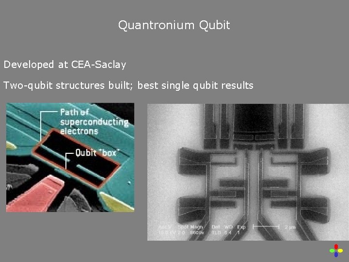 Quantronium Qubit Developed at CEA-Saclay Two-qubit structures built; best single qubit results 