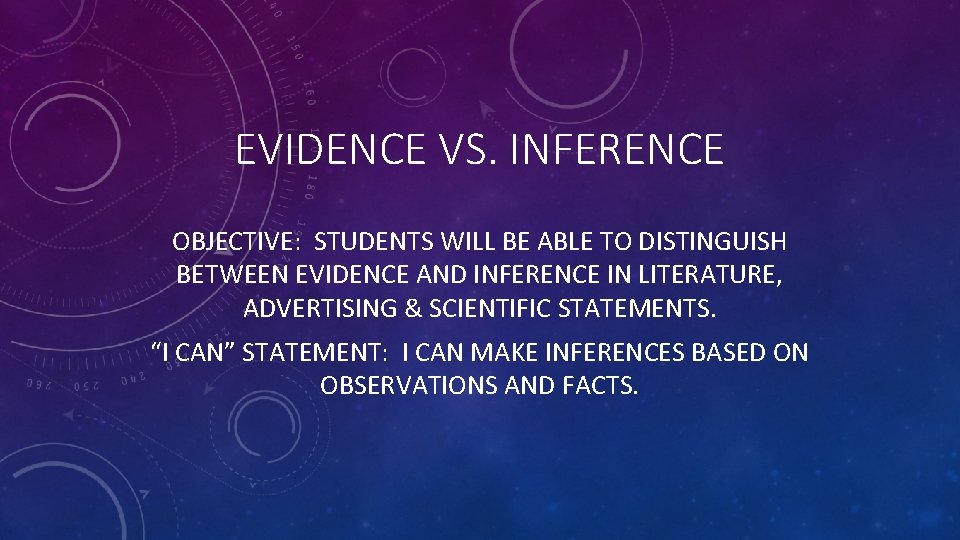 EVIDENCE VS. INFERENCE OBJECTIVE: STUDENTS WILL BE ABLE TO DISTINGUISH BETWEEN EVIDENCE AND INFERENCE
