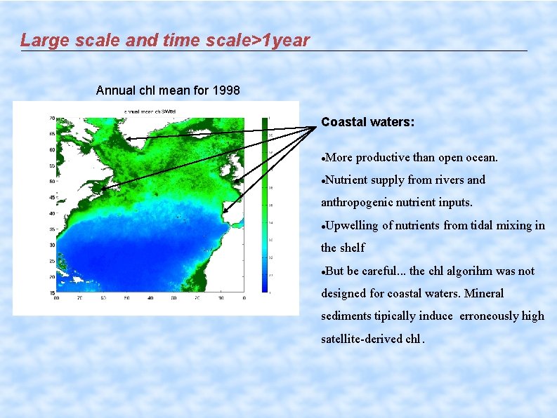 Large scale and time scale>1 year Annual chl mean for 1998 Coastal waters: More
