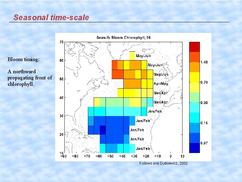 Seasonal time-scale Bloom timing: A northward propagating front of chlorophyll. Follows and Dutkiewicz, 2002
