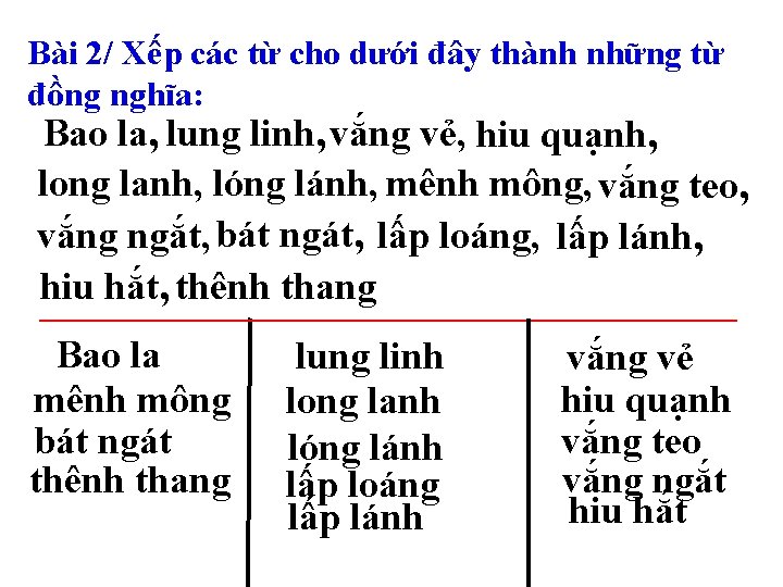 Bài 2/ Xếp các từ cho dưới đây thành những từ đồng nghĩa: Bao