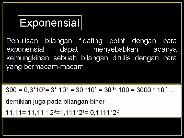 Exponensial Penulisan bilangan floating point dengan cara exponensial dapat menyebabkan adanya kemungkinan sebuah bilangan