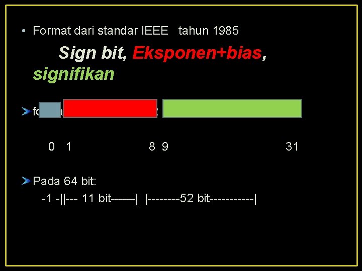  • Format dari standar IEEE tahun 1985 Sign bit, Eksponen+bias, signifikan format floating