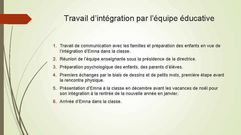 Travail d’intégration par l’équipe éducative 1. Travail de communication avec les familles et préparation