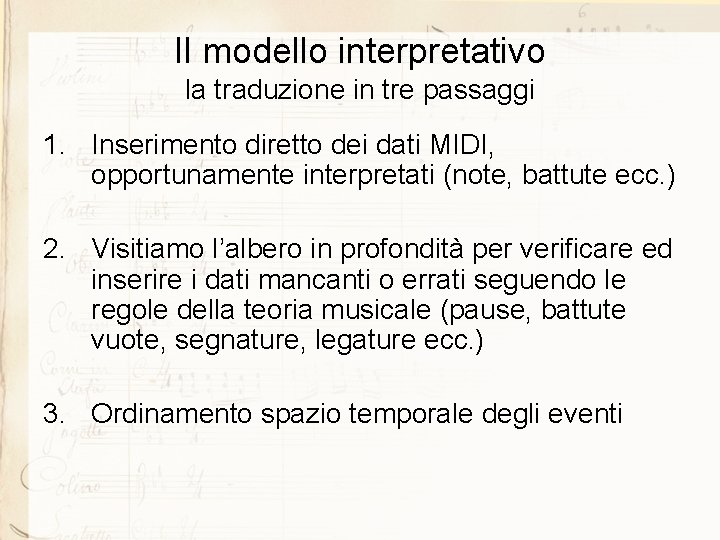 Il modello interpretativo la traduzione in tre passaggi 1. Inserimento diretto dei dati MIDI,