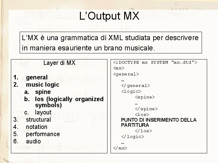 L’Output MX L’MX è una grammatica di XML studiata per descrivere in maniera esauriente