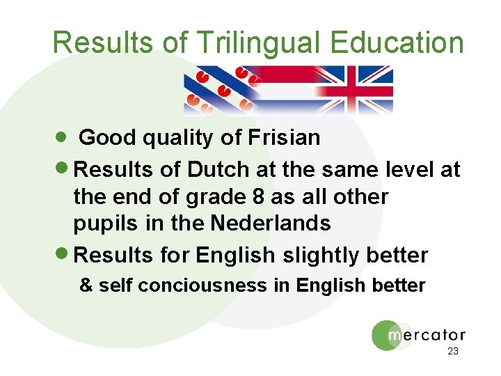 Results of Trilingual Education · Good quality of Frisian · Results of Dutch at