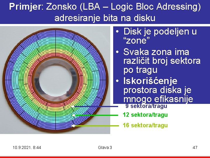 Primjer: Zonsko (LBA – Logic Bloc Adressing) adresiranje bita na disku • Disk je