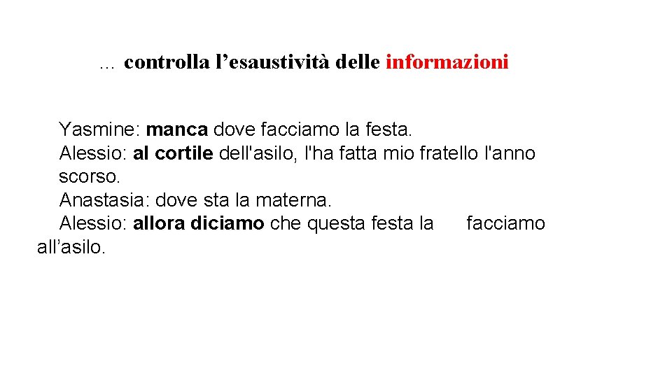 … controlla l’esaustività delle informazioni Yasmine: manca dove facciamo la festa. Alessio: al cortile