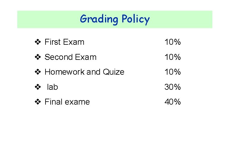 Grading Policy v First Exam 10% v Second Exam 10% v Homework and Quize