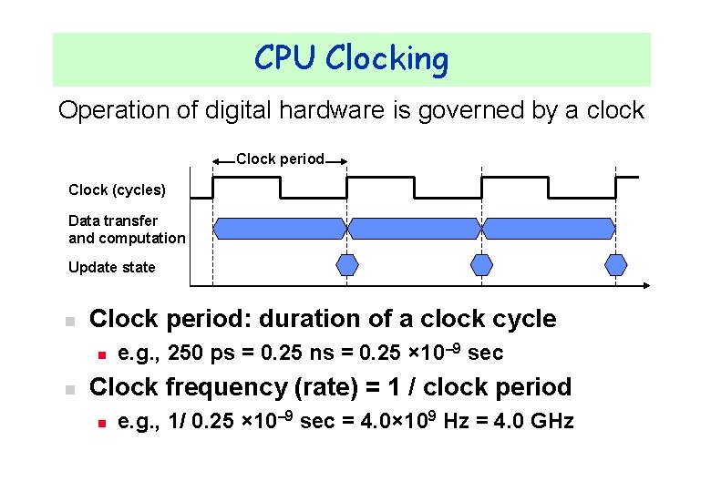 CPU Clocking Operation of digital hardware is governed by a clock Clock period Clock