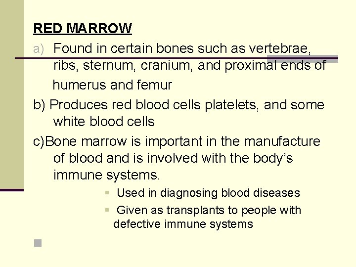RED MARROW a) Found in certain bones such as vertebrae, ribs, sternum, cranium, and