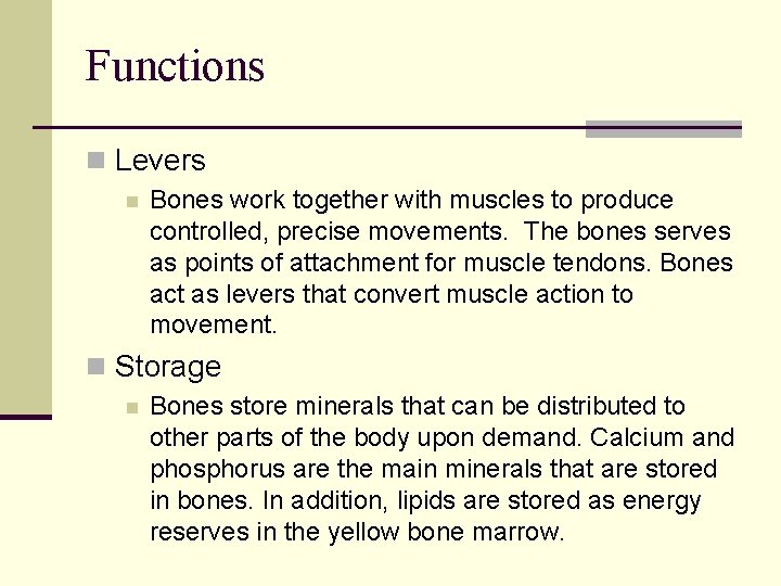 Functions n Levers n Bones work together with muscles to produce controlled, precise movements.