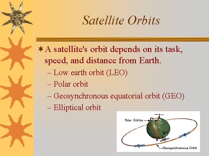 Satellite Orbits ¬A satellite's orbit depends on its task, speed, and distance from Earth.