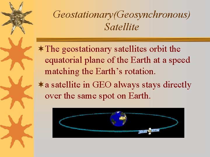Geostationary(Geosynchronous) Satellite ¬The geostationary satellites orbit the equatorial plane of the Earth at a