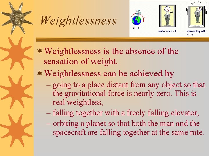 Weightlessness ¬Weightlessness is the absence of the sensation of weight. ¬Weightlessness can be achieved