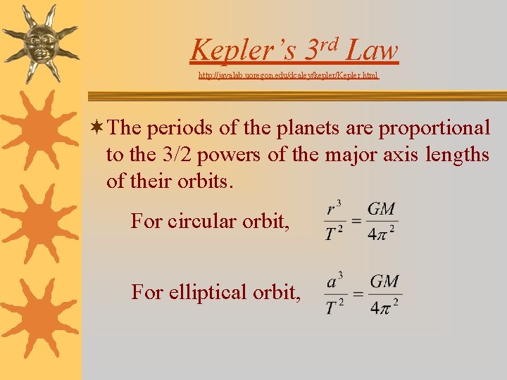 Kepler’s rd 3 Law http: //javalab. uoregon. edu/dcaley/kepler/Kepler. html ¬The periods of the planets