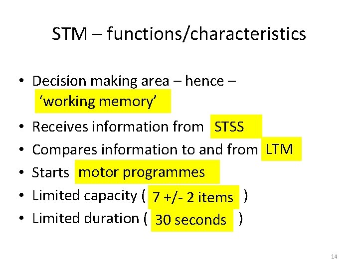 STM – functions/characteristics • Decision making area – hence – ‘working memory’ • •