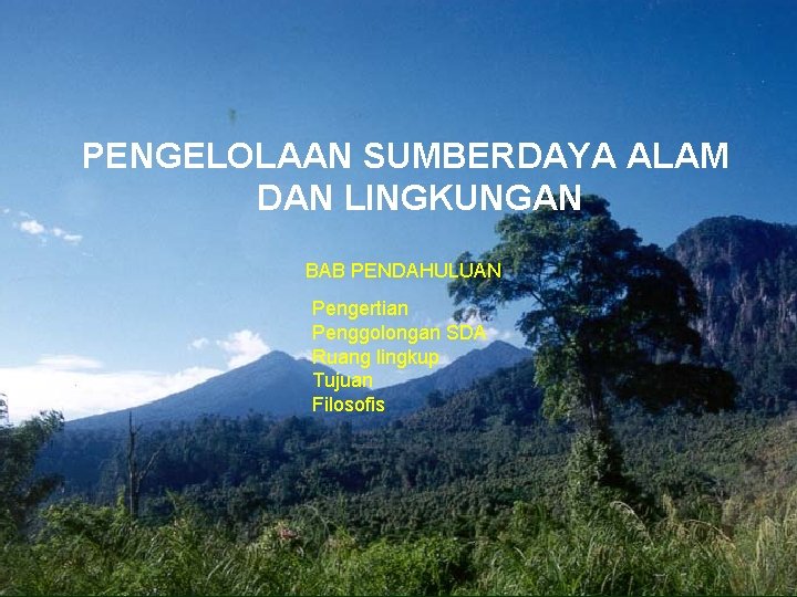 PENGELOLAAN SUMBERDAYA ALAM DAN LINGKUNGAN BAB PENDAHULUAN Pengertian Penggolongan SDA Ruang lingkup Tujuan Filosofis