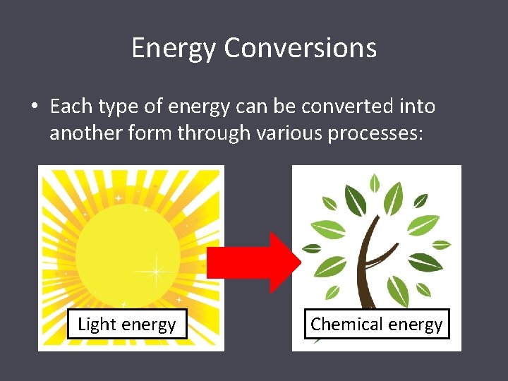 Energy Conversions • Each type of energy can be converted into another form through