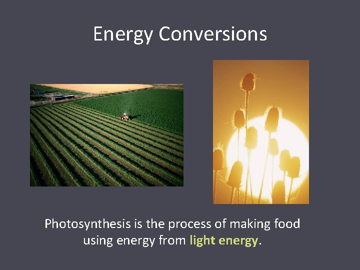 Energy Conversions Photosynthesis is the process of making food using energy from light energy.