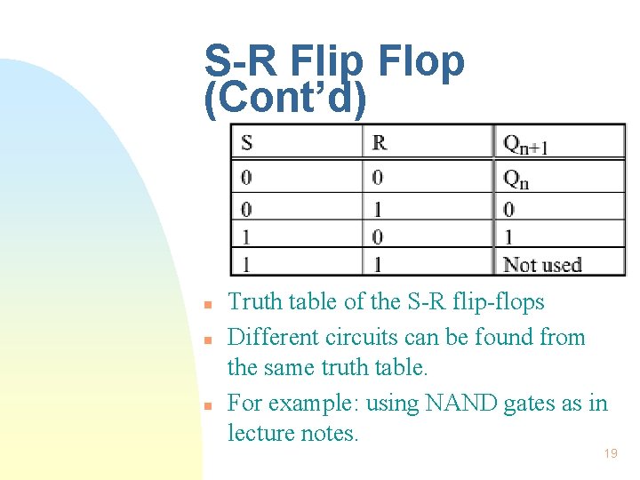 S-R Flip Flop (Cont’d) n n n Truth table of the S-R flip-flops Different S-R Flip Flop (Cont’d) n n n Truth table of the S-R flip-flops Different