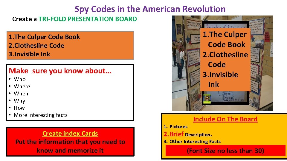 Spy Codes in the American Revolution Create a TRI-FOLD PRESENTATION BOARD 1. The Culper