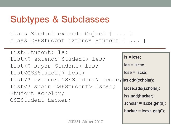 Subtypes & Subclasses class Student extends Object {. . . } class CSEStudent extends