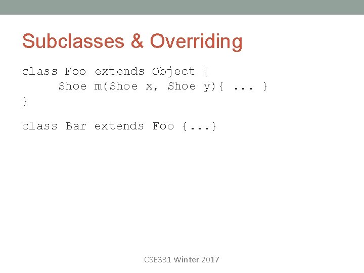 Subclasses & Overriding class Foo extends Object { Shoe m(Shoe x, Shoe y){. .