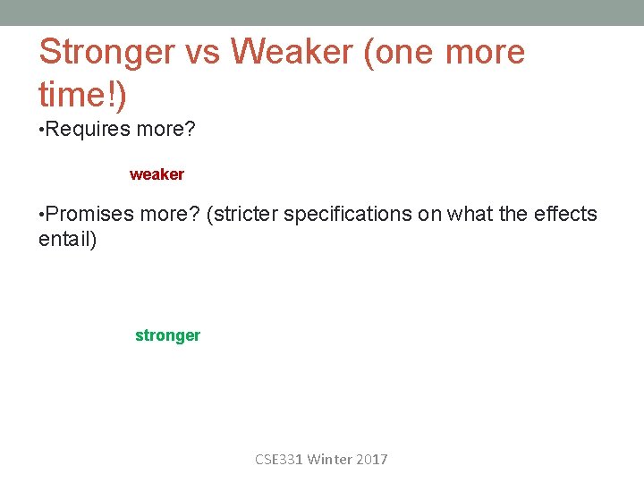 Stronger vs Weaker (one more time!) • Requires more? weaker • Promises more? (stricter