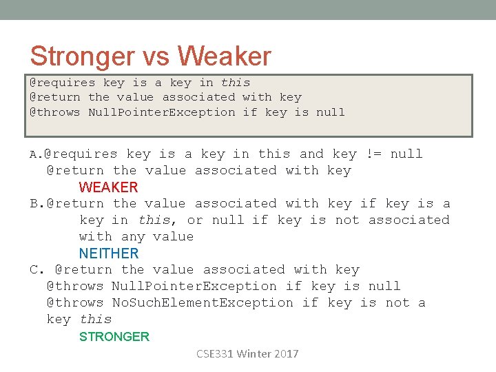 Stronger vs Weaker @requires key is a key in this @return the value associated