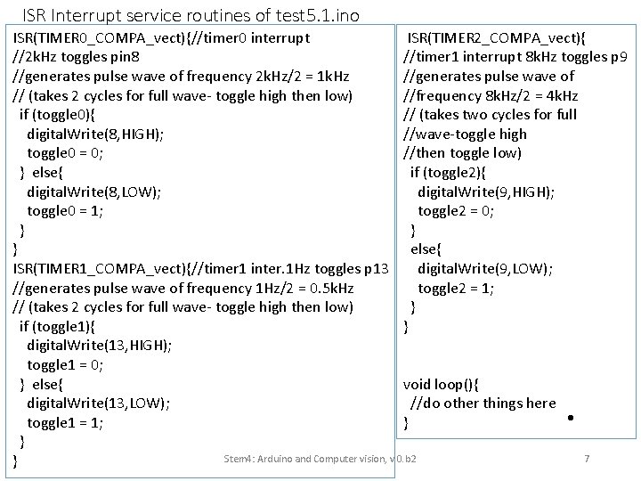 ISR Interrupt service routines of test 5. 1. ino ISR(TIMER 0_COMPA_vect){//timer 0 interrupt ISR(TIMER