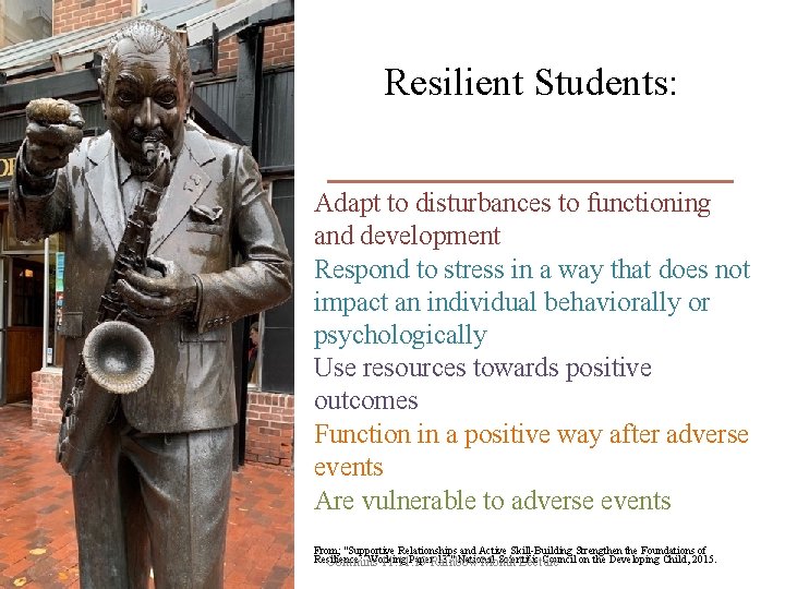 Resilient Students: Adapt to disturbances to functioning and development Respond to stress in a