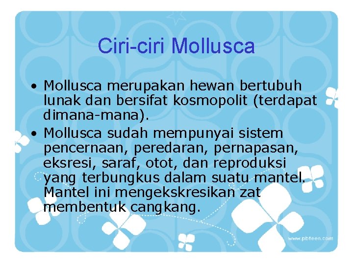 Ciri-ciri Mollusca • Mollusca merupakan hewan bertubuh lunak dan bersifat kosmopolit (terdapat dimana-mana). •