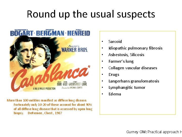 Round up the usual suspects • • • Sarcoid Idiopathic pulmonary fibrosis Asbestosis, Silicosis