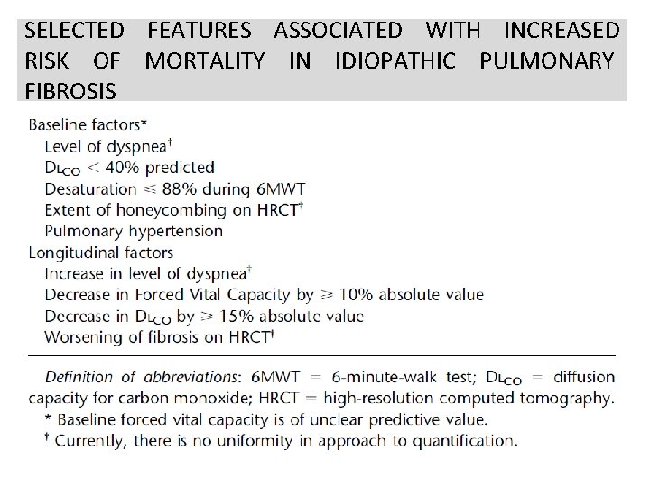 SELECTED FEATURES ASSOCIATED WITH INCREASED RISK OF MORTALITY IN IDIOPATHIC PULMONARY FIBROSIS 