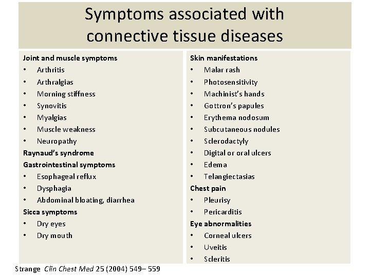 Symptoms associated with connective tissue diseases Joint and muscle symptoms • Arthritis • Arthralgias
