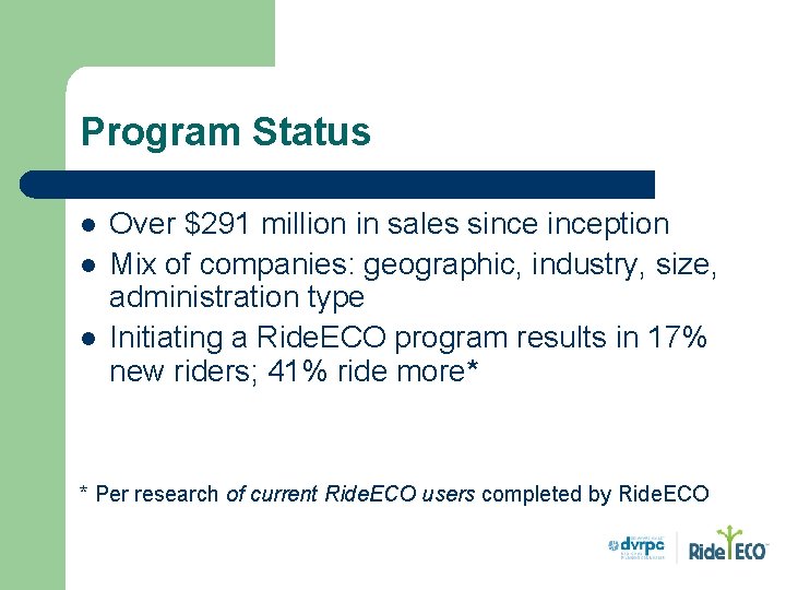 Program Status l l l Over $291 million in sales sinception Mix of companies: Program Status l l l Over $291 million in sales sinception Mix of companies: