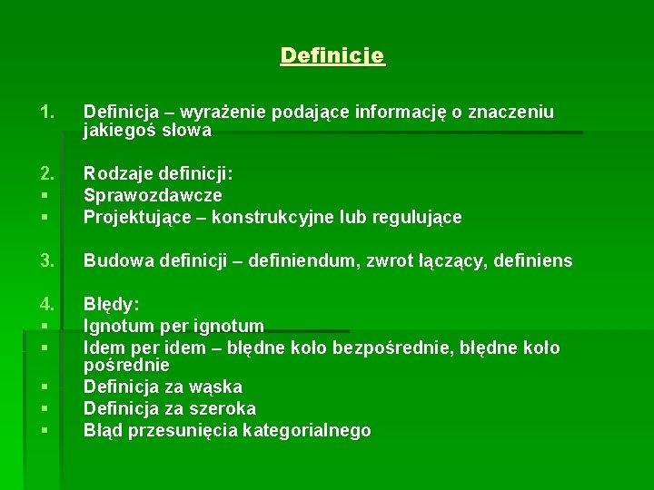 Definicje 1. Definicja – wyrażenie podające informację o znaczeniu jakiegoś słowa 2. § §