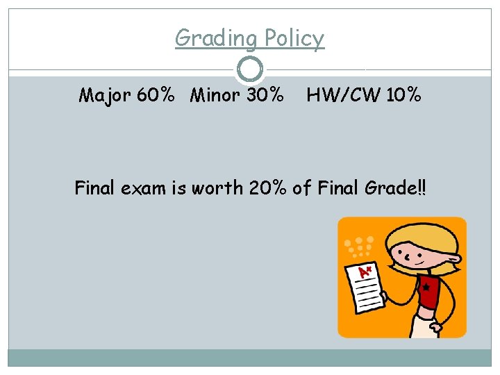 Grading Policy Major 60% Minor 30% HW/CW 10% Final exam is worth 20% of