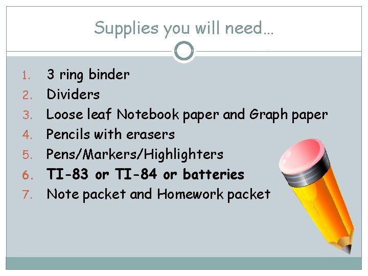 Supplies you will need… 3 ring binder 2. Dividers 3. Loose leaf Notebook paper