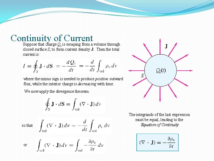 Continuity of Current Suppose that charge Q is escaping from a volume through i