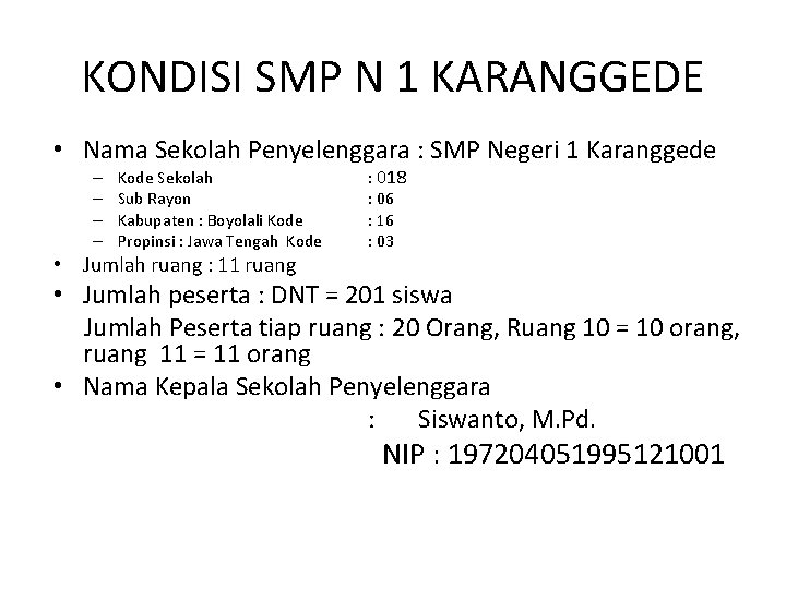 KONDISI SMP N 1 KARANGGEDE • Nama Sekolah Penyelenggara : SMP Negeri 1 Karanggede