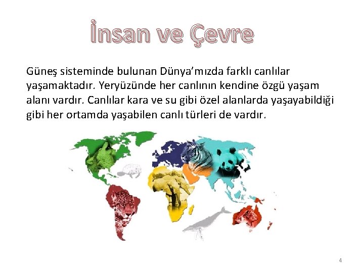 İnsan ve Çevre Güneş sisteminde bulunan Dünya’mızda farklı canlılar yaşamaktadır. Yeryüzünde her canlının kendine