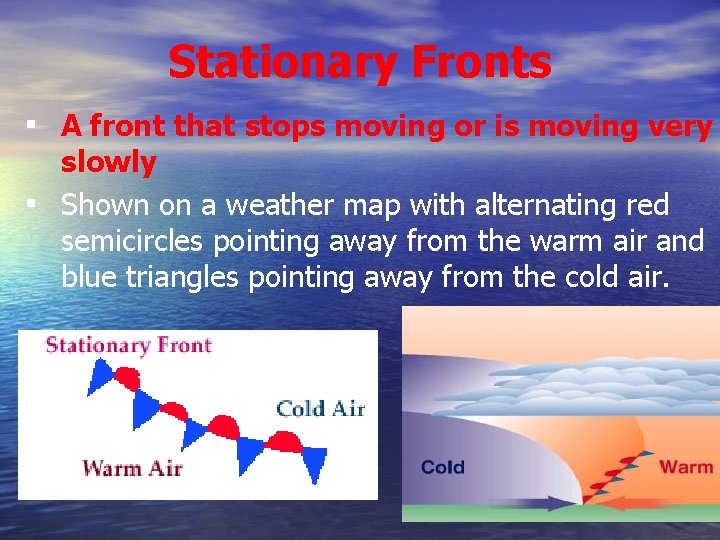 Stationary Fronts ▪ A front that stops moving or is moving very ▪ slowly