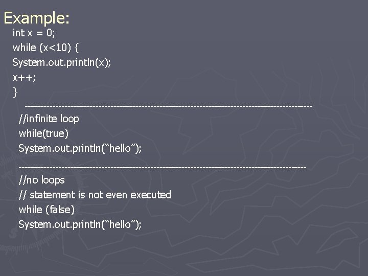 Example: int x = 0; while (x<10) { System. out. println(x); x++; } -----------------------------------------------