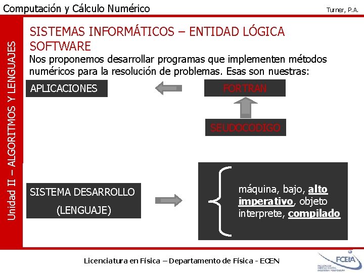 Unidad II – ALGORITMOS Y LENGUAJES Computación y Cálculo Numérico Turner, P. A. SISTEMAS